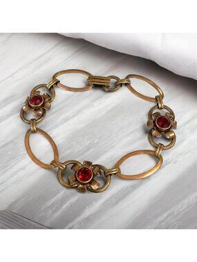 Vintage Van Dell 12k Gold-Filled Sterling Silver Flower Bracelet 7" With Red Rhi
